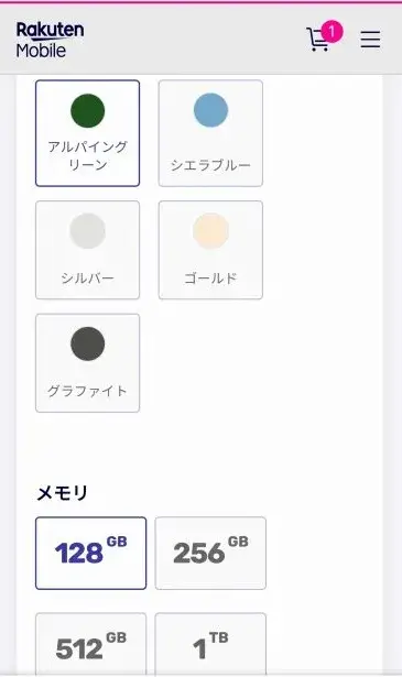 カラーとメモリを選ぶ