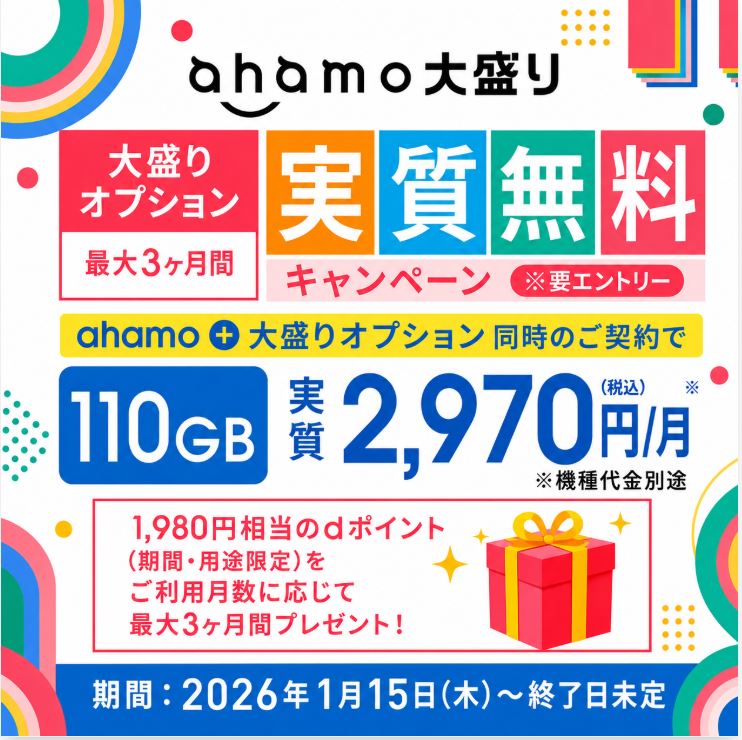 大盛りオプションが最大3ヶ月間実質無料
