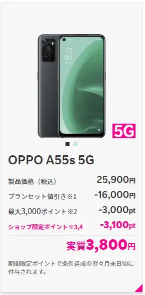 更にOPPO A55s 5Gはショップで買うと2,100ポイント還元