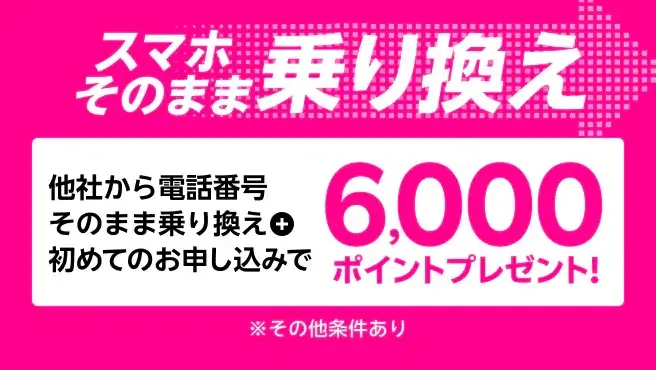 他社から電話番号そのまま乗り換え＆初めてお申し込みで6,000ポイントプレゼント！