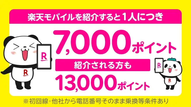  楽天モバイル紹介キャンペーン！紹介1人につき7,000ポイント、紹介される方も最大13,000ポイントプレゼント！