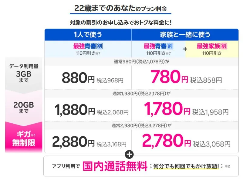 13歳から22歳の月額料金