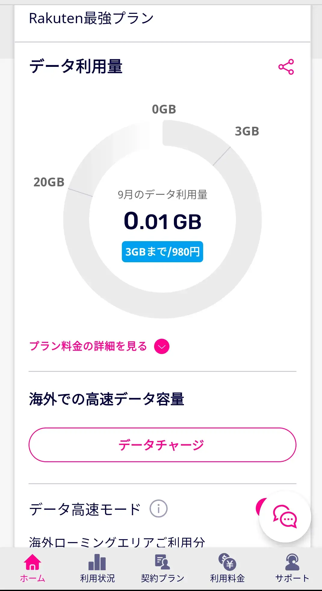 my楽天モバイルで毎月の利用状況が見れます