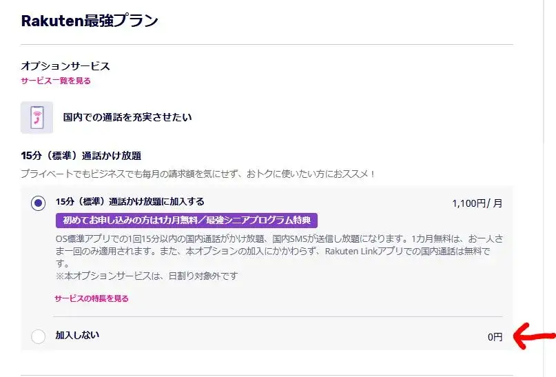 「15分(標準)通話かけ放題」が自動で選択されている