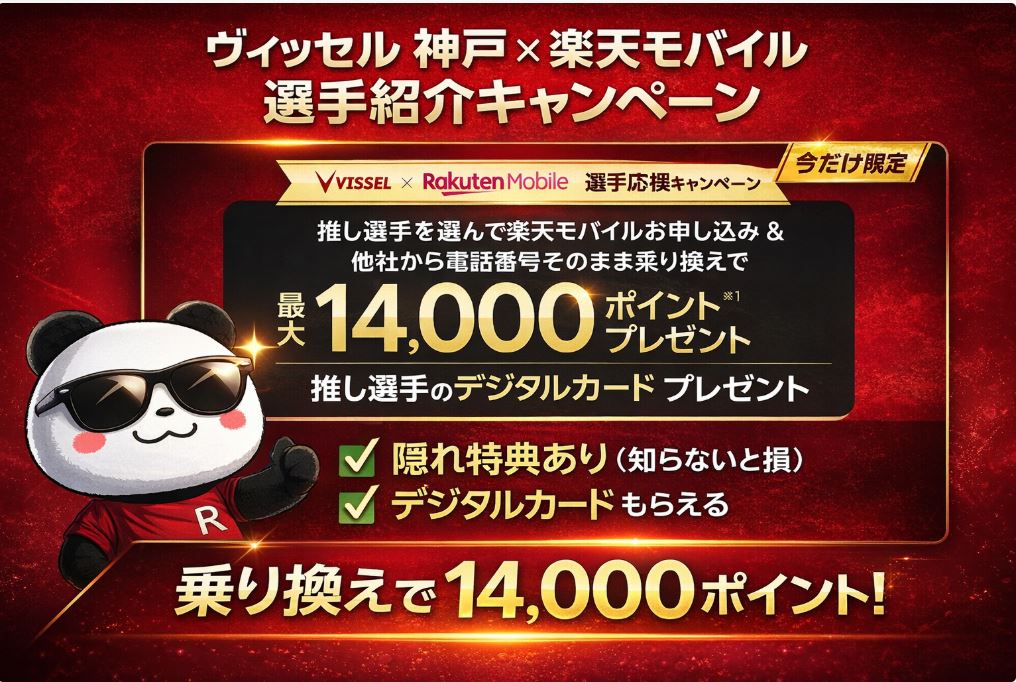最大14,000ポイント！楽天モバイルのヴィッセル神戸選手応援キャンペーン