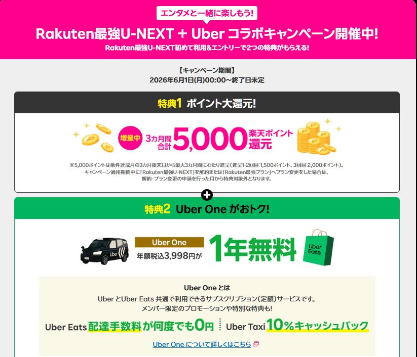 Rakuten最強U-NEXT + Uber コラボキャンペーン①初めての利用で5,000ポイントプレゼント