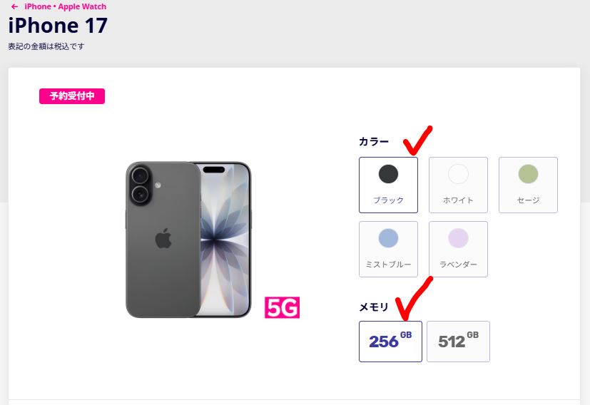 カラーとメモリを選びます