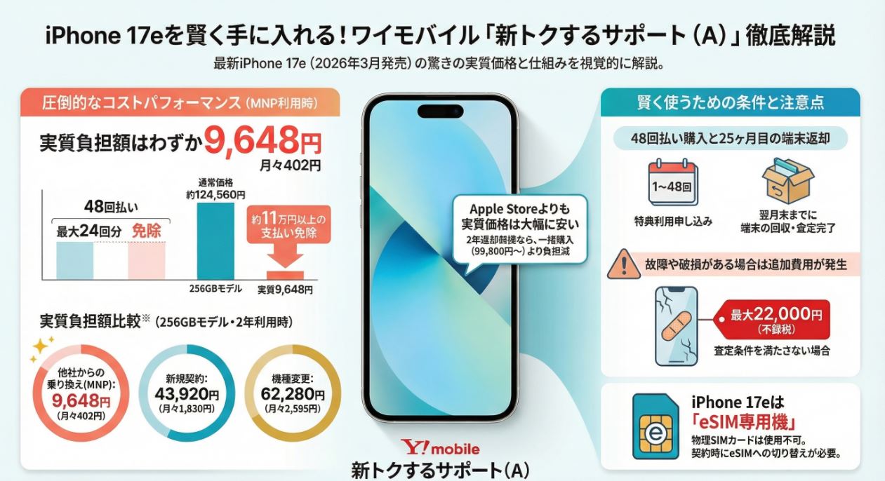 【最新】iPhone17eが安い！ワイモバイルで2年実質9,648円（毎月402円）で使うキャンペーンまとめ