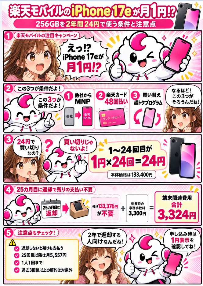 楽天モバイルのiPhone 17eが月1円