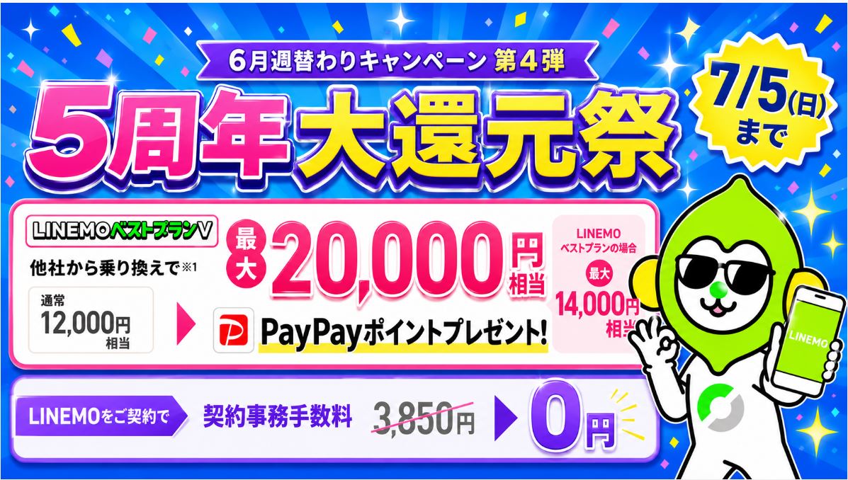 【6/22～7/5まで】LINEMOベストプランVで最大20,000円相当！契約事務手数料も無料！大週穫祭