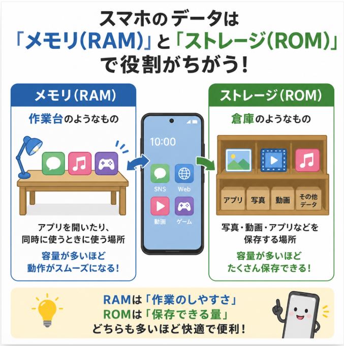 メモリ（RAM）とストレージ（ROM）って何が違うの？