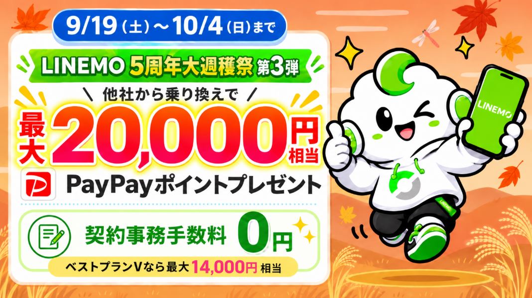 LINEMOベストプランVで最大20,000円相当!契約事務手数料も無料!