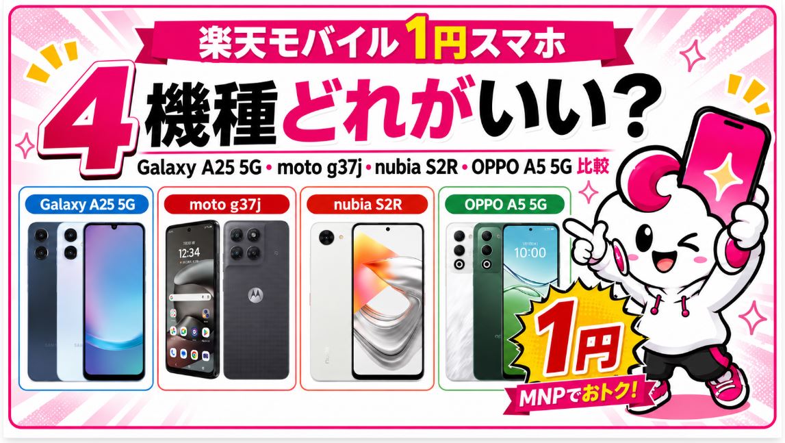 楽天モバイルの1円スマホはどれがいい?Galaxy・moto g37j・nubia・OPPOの4機種を徹底比較