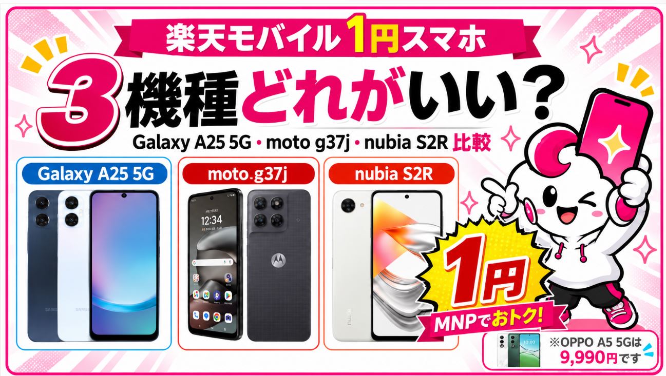 楽天モバイルの1円スマホはどれがいい?Galaxy A25 5G・moto g37j・nubia S2Rを徹底比較