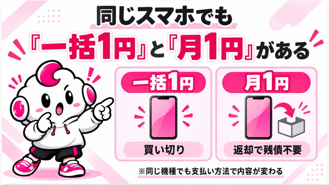 同じスマホでも「一括1円」と「月1円」がある